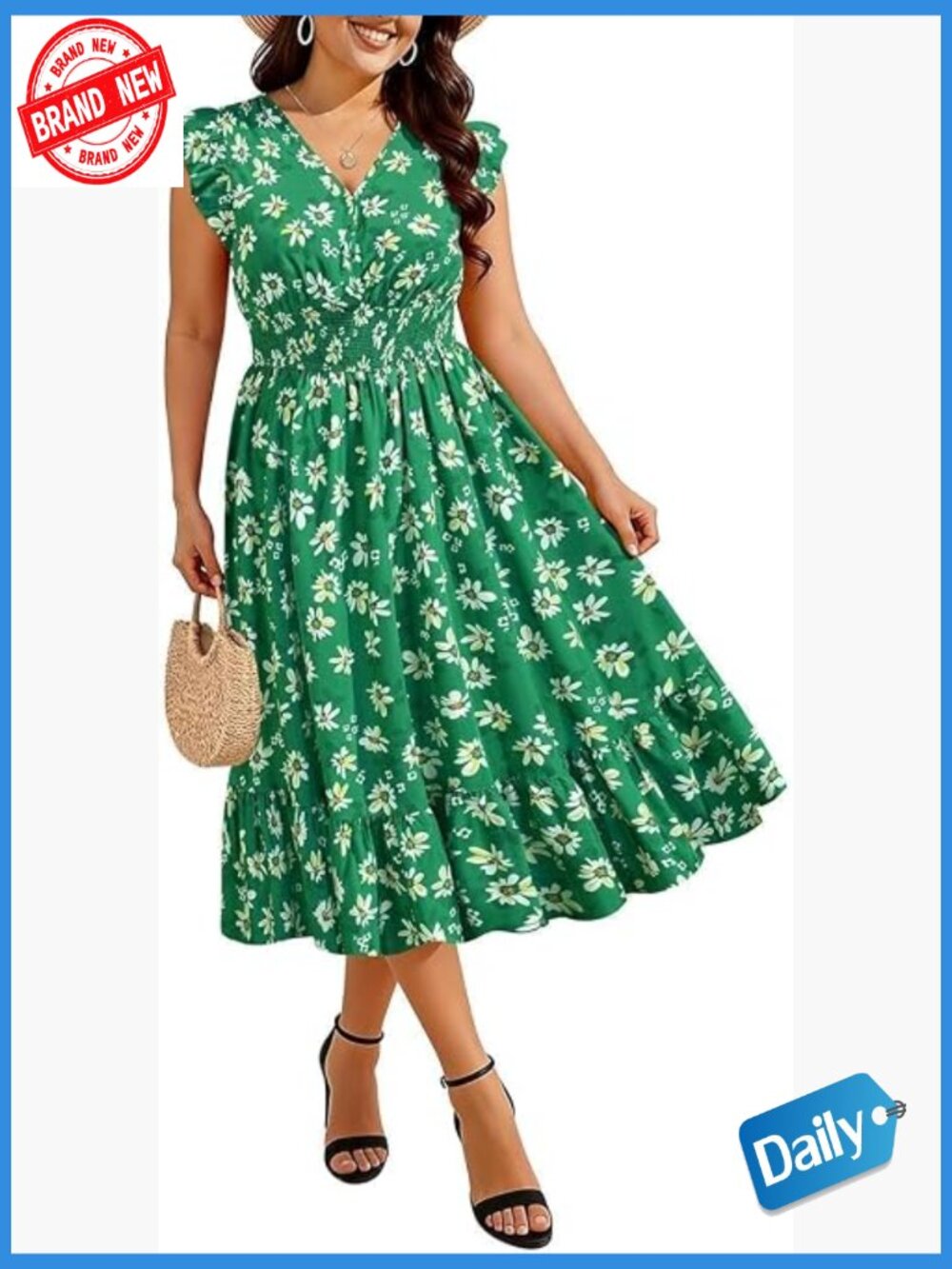 Plus Size Boho Midi Dress V Neck Ruffle Sleeve Smocked Waist Sundress with